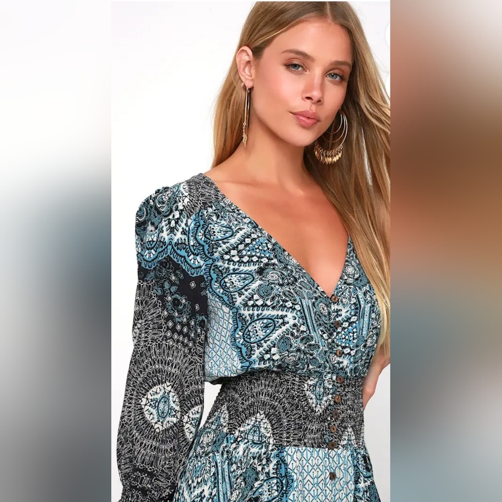 Free People Blue and Black Patterned Maxi Dress